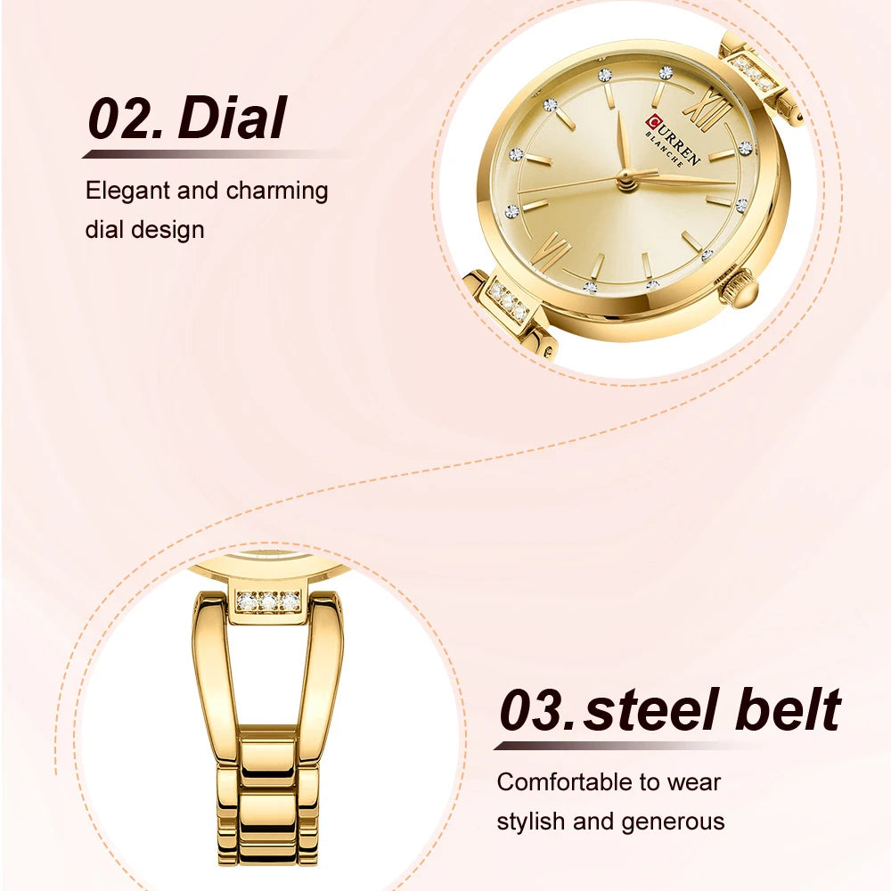 CURREN Luxury Hight Quality Quartz Watch Fashion Charming Rhinestones Stainless Steel Band Women's Wristwatches